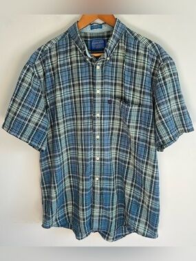 Vintage Pendleton Men’s Button Down Shirt Size L SS Blue Black Plaid 100% Cotton